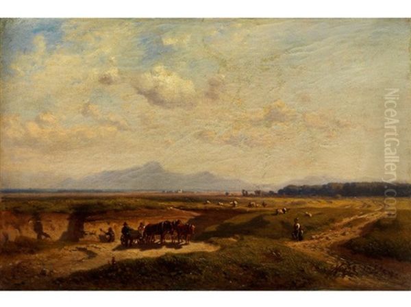 Weite Sommerlandschaft Mit Alpengebirgszug In Diesigem Licht Oil Painting by Julius Noerr