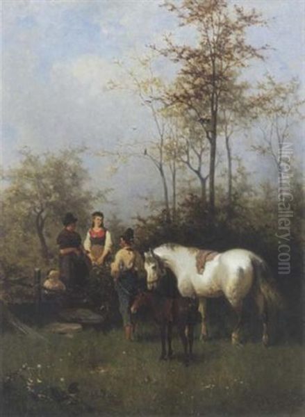 Begegnung Auf Der Pferdekoppel Zur Maienzeit Oil Painting by Julius Noerr