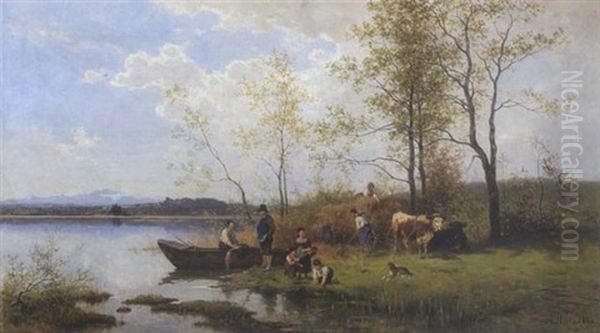 Heuernte Am Ufer Eines Vorgebirgssees Oil Painting by Julius Noerr