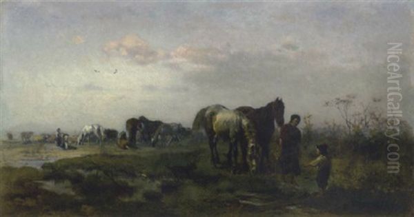 Pferdeweide Mit Einer Bauerin Und Ihrem Sohn, Die Zwei Rosse Zur Tranke Fuhren Oil Painting by Julius Noerr