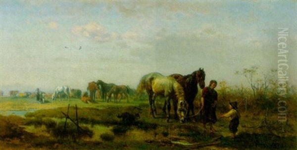 Pferdeweide Mit Einer Bauerin Und Ihrem Sohnchen, Die Zwei Rosse Zur Tranke Fuhren Oil Painting by Julius Noerr