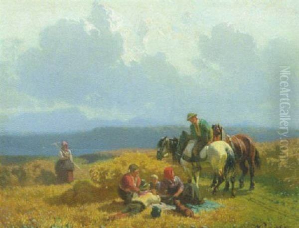 Bauernfamilie Bei Der Mittagsrast Auf Dem Kornfeld Oil Painting by Julius Noerr