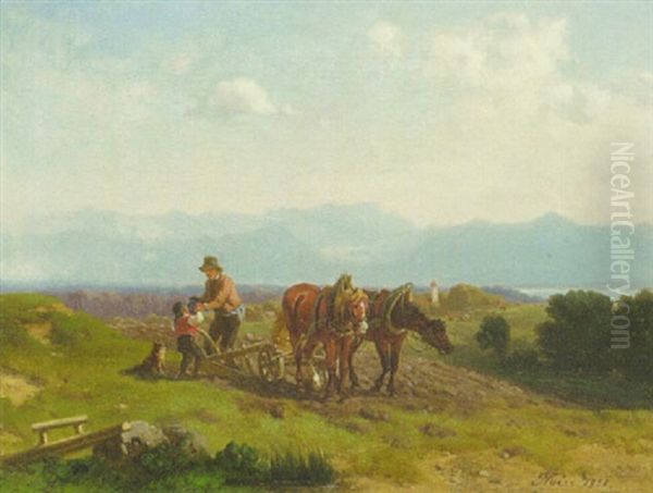 Ein Bauer Und Sein Sohn Beim Pflugen Oil Painting by Julius Noerr