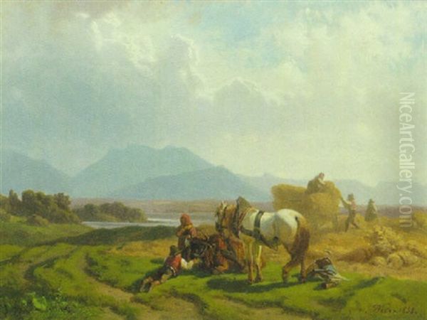 Getreideernte Im Voralpenland Oil Painting by Julius Noerr