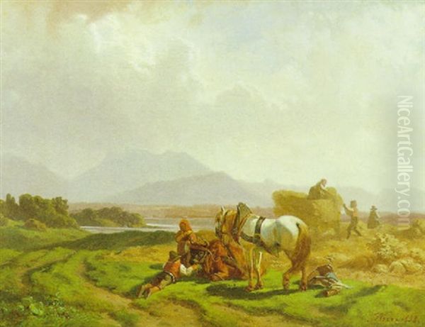 Bei Der Feldarbeit Am Seeufer (chiemsee?) Oil Painting by Julius Noerr