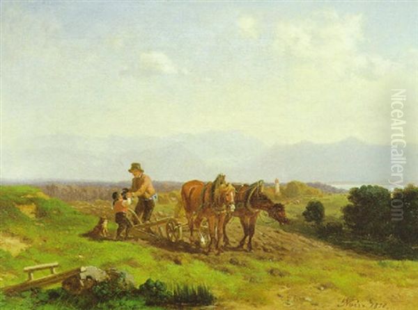 Bei Der Feldarbeit Am Seeufer (chiemsee?) Oil Painting by Julius Noerr