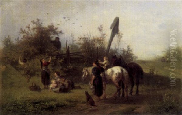 Landschaft Mit Spielenden Kindern Bei Dem Marterl Vor Dem Buschwerk Oil Painting by Julius Noerr