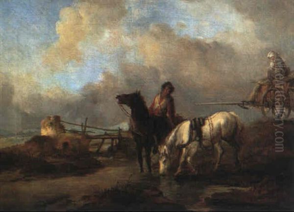 Pferde And Der Traenke Oil Painting by Julius Noerr