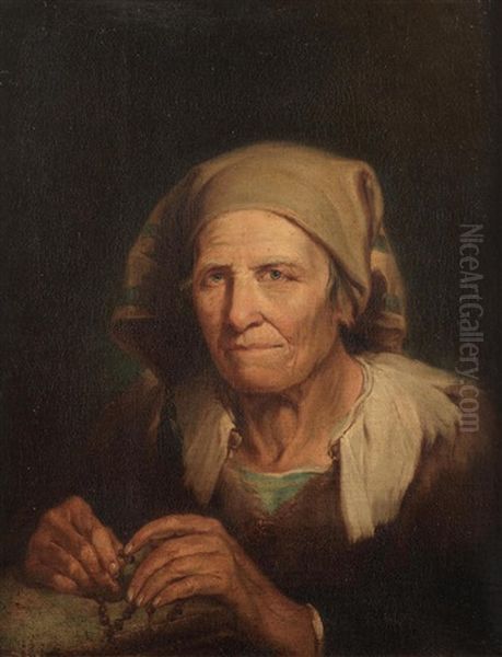 An Elderly Lady Holding A Rosary Oil Painting by Giuseppe Nogari