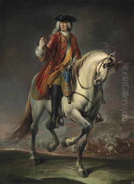 Equestrian Portrait Of Field Marshal Count Johann Matthias Von Der Schulenburg, Full-length, In A Red Coat And A Breastplate, On A Grey Mare, Before A Siege Oil Painting by Giuseppe Nogari