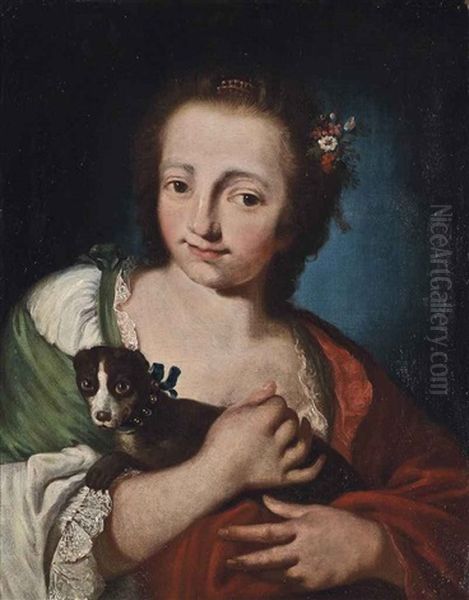 Portrait Of A Lady, Half-length, In A Green Lace-trimmed Dress And A Red Wrap, With A Dog Oil Painting by Giuseppe Nogari