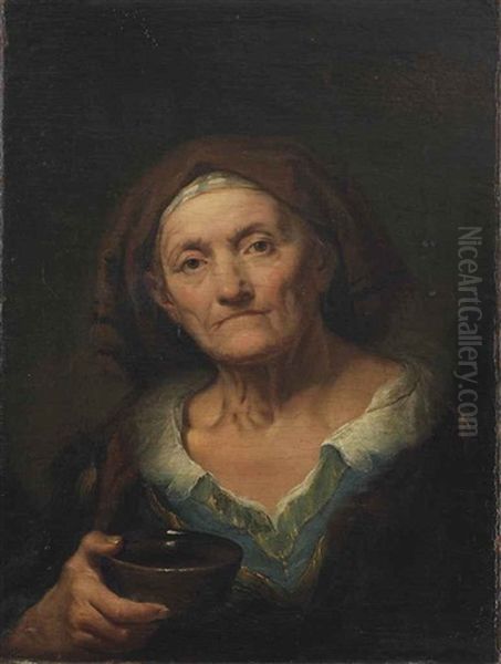 A Tronie Of An Old Woman Holding A Cup Oil Painting by Giuseppe Nogari