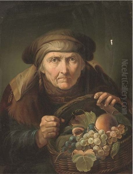 An Old Woman With A Basket Of Fruit Oil Painting by Giuseppe Nogari