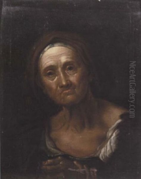 Portrait Of An Elderly Woman In A Brown Headscarf Oil Painting by Giuseppe Nogari