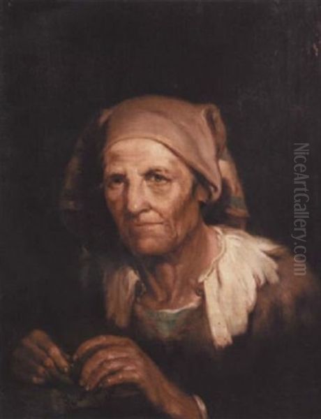 An Old Lady In A Brown Dress With A Brown Headscarf, Holding A Rosary Oil Painting by Giuseppe Nogari