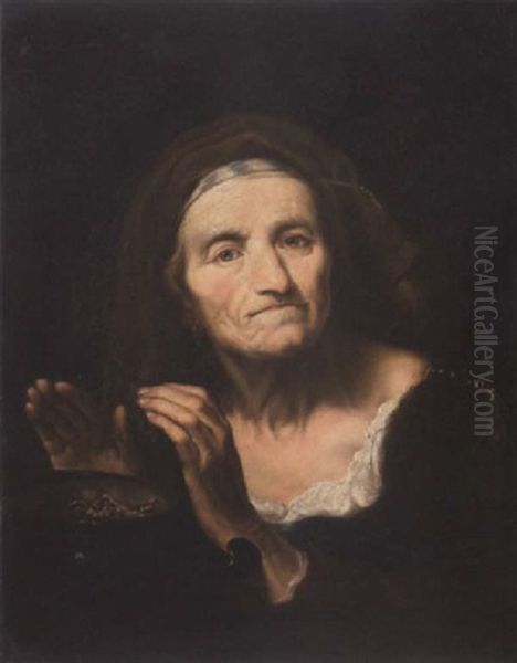 An Old Woman Warming Her Wands Over A Brazier Oil Painting by Giuseppe Nogari