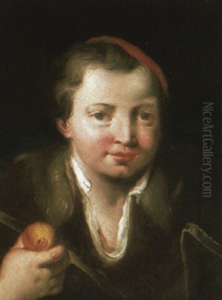 A Boy, Bust Length In A Cap, Holding An Apple Oil Painting by Giuseppe Nogari