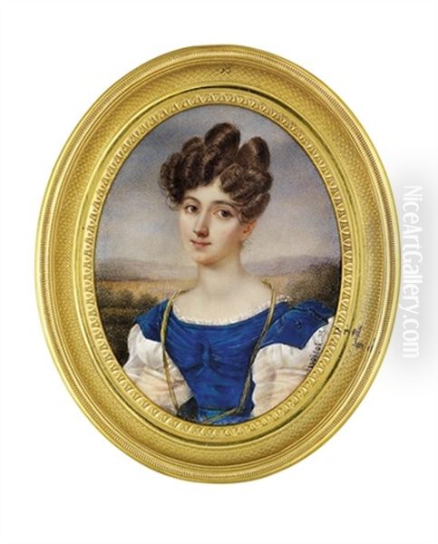 A Young Lady In Dress With Blue Velvet Bodice Oil Painting by Charles Claude Noisot