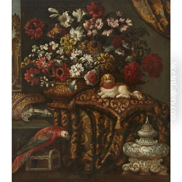 An Elegant Interior With Mixed Flowers, Spaniel On A Cushion, And A Parrot Oil Painting by Francesco Noletti (Il Maltese)