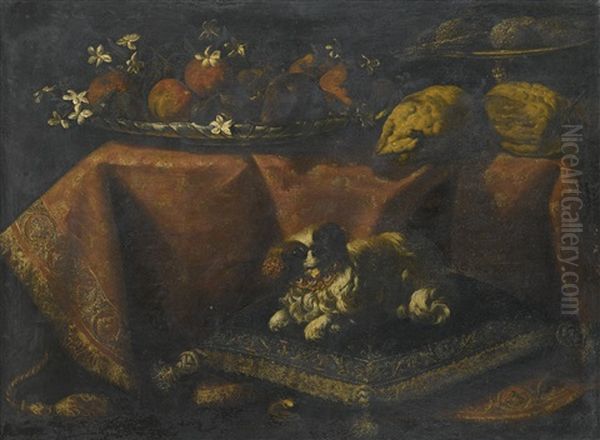 Still Life Of Fruit And Flowers In A Bowl, Lemons And Sugarbread In A Tazza Resting On A Draped Table, Together With A Spaniel Resting On A Pillow In The Foreground Oil Painting by Francesco Noletti (Il Maltese)