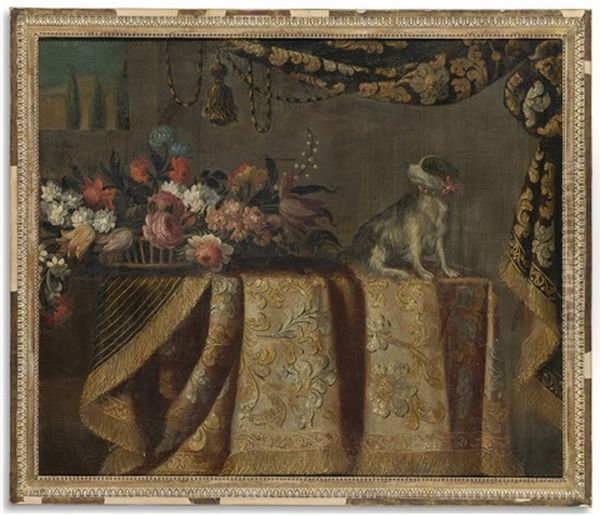 Still Life Of Flowers With A Toy Spaniel, All On Draped Table Oil Painting by Francesco Noletti (Il Maltese)