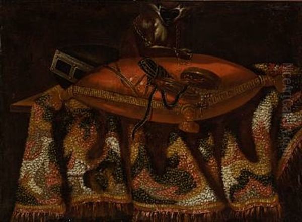 Still Life With A Monkey On A Red Cushion Oil Painting by Francesco Noletti (Il Maltese)