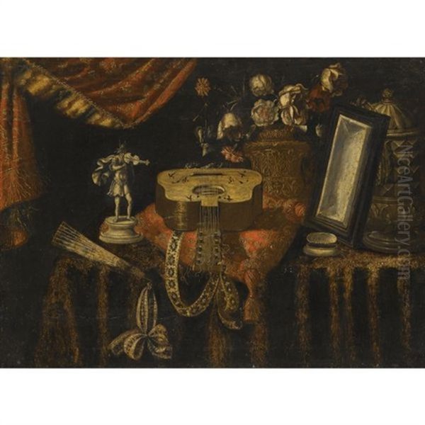 A Still Life With A Guitar, A Fan, A Statuette Of A Violinist, A Snuff Box, A Mirror And Flowers, All On A Draped Table Oil Painting by Francesco Noletti (Il Maltese)