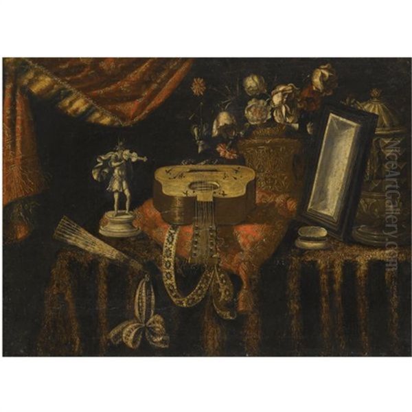 A Still Life With A Guitar, A Fan, A Statuette Of A Violinist, A Snuff Box, A Mirror And Flowers, All On A Draped Table Oil Painting by Francesco Noletti (Il Maltese)