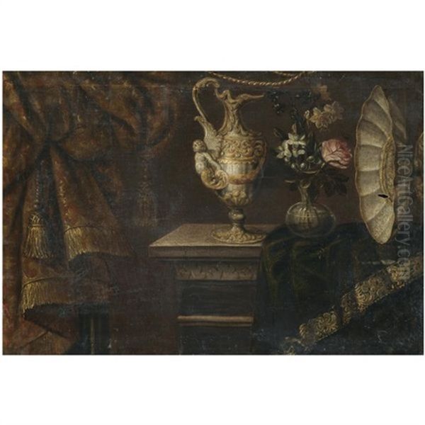 A Still Life With A Sculpted Pitcher And A Vase Of Flowers On A Partly-draped Stone Ledge Oil Painting by Francesco Noletti (Il Maltese)