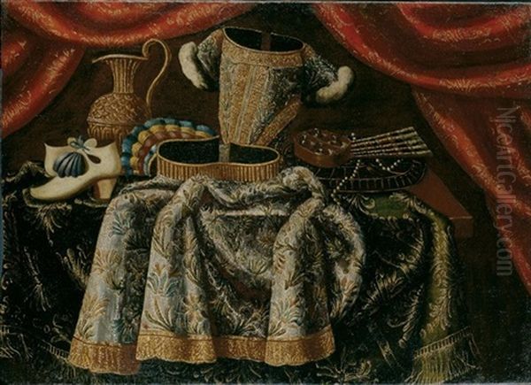 Natura Morta Con Vestito, Scarpe, Profumi, Ventaglio E Una Brocca Su Un Tavolo Con Tappeto, Sotto Un Tendaggio Rosso Oil Painting by Francesco Noletti (Il Maltese)