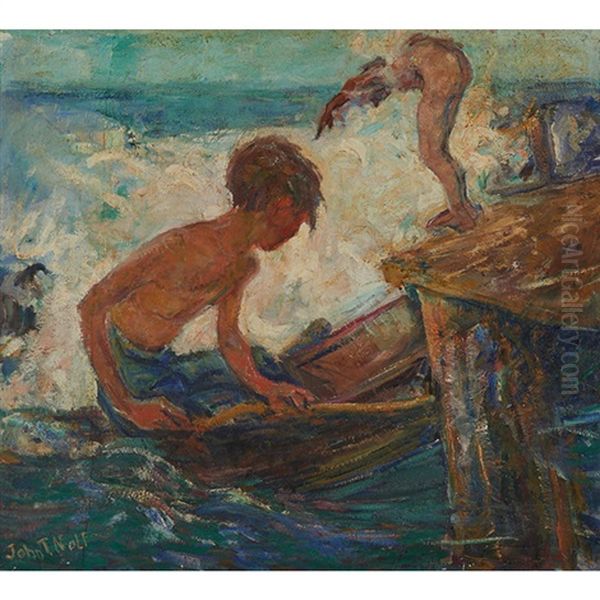 Children Diving Into Water Oil Painting by John Thomas Nolf