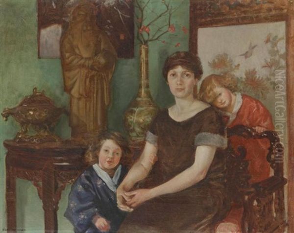 La Femme De L'artiste Avec Ses Deux Filles Dans Le Salon Japonais Oil Painting by Henri Girault De Nolhac