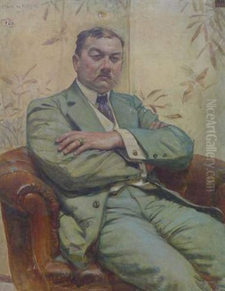 Portrait D'homme Assis Dans Un Fauteuil Club En Cuir Oil Painting by Henri Girault De Nolhac