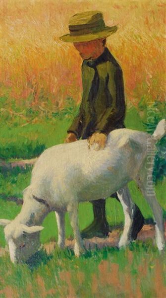 Boy With A Goat (preliminary Study For Three Children With A Goat) Oil Painting by Franz Noelken