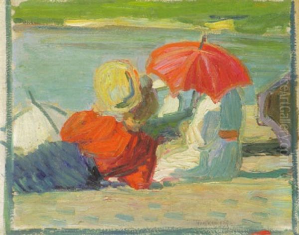 Frauen Mit Rotem Schirm Am Ostseestrand Oil Painting by Franz Noelken