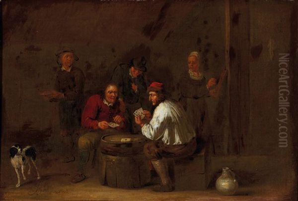 Peasants Drinking In An Interior; And Peasants Playing Cards In An Interior Oil Painting by Jean Baptiste Nollekens