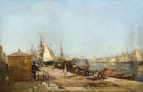 Promeneurs Et Pecheurs Sur Le Quai De Rive Neuve. Oil Painting by Paul Bistagne