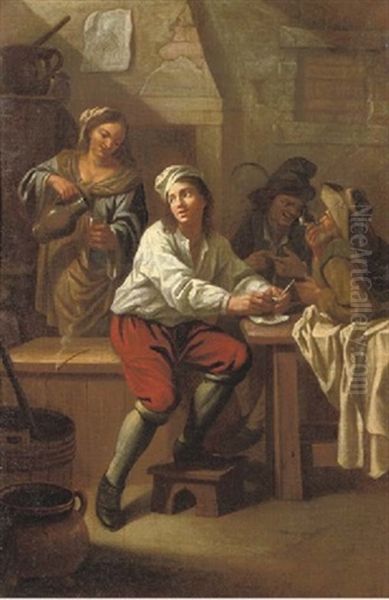 Peasants Drinking And Smoking In An Interior Oil Painting by Jean Baptiste Nollekens