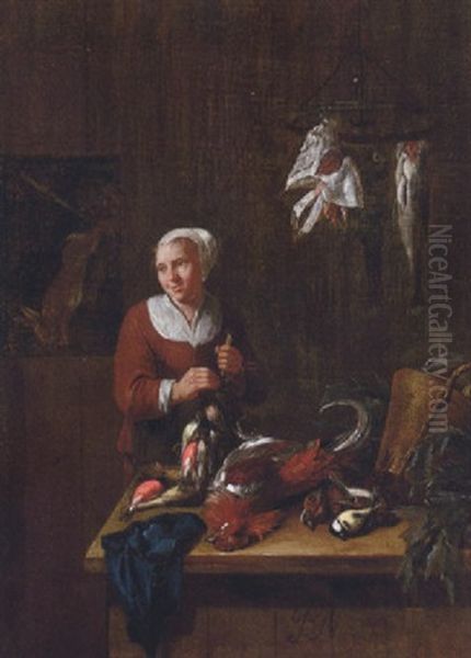 A Woman In A Kitchen Interior With A Dead Cockerel, Song Birds, Fish And A Hare Oil Painting by Jean Baptiste Nollekens