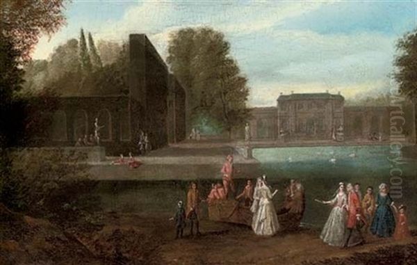 Elegant Company Disembarking From A Boat In A Lake In The Grounds Of A Country House Oil Painting by Joseph Frans Nollekens