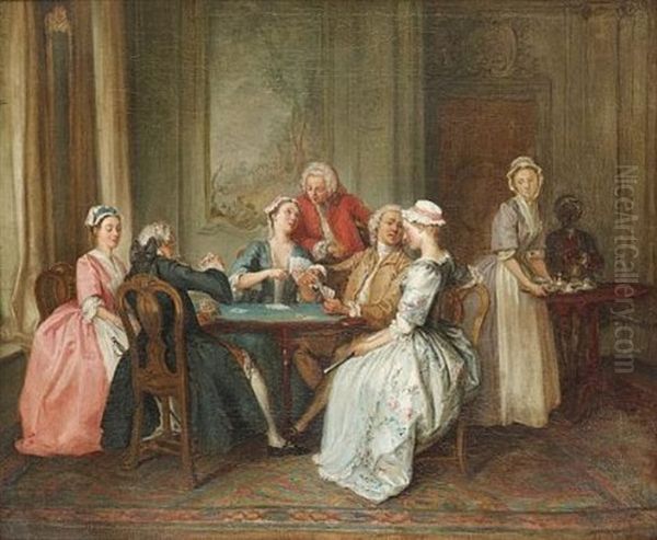 An Elegant Company Playing Cards In An Interior Oil Painting by Joseph Frans Nollekens