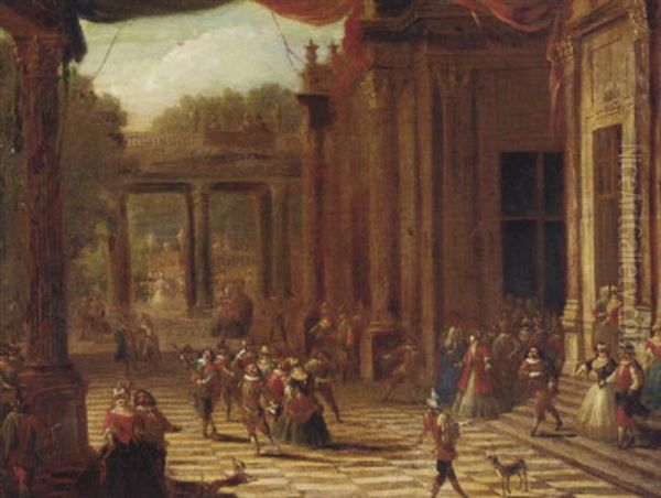 A Capriccio Of A Classical Palace Exterior With Elegant Company At A Masked Ball Oil Painting by Joseph Frans Nollekens