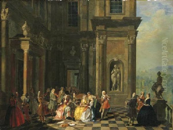 A Musical Party On The Terrace Of A Classical Mansion Oil Painting by Joseph Frans Nollekens