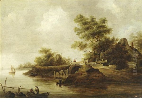 A River Landscape With Figures In A Ferry Oil Painting by Pieter Nolpe