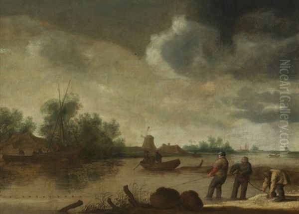 Grosse Hollandische Kanallandschaft Mit Fischern Oil Painting by Pieter Nolpe