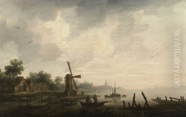 Hollandisches Dorf An Gewasser. Mit Zwei Fischern Auf Ihrem Boot Im Vordergrund Und Stadtsilhouette Im Hintergrund Oil Painting by Pieter Nolpe