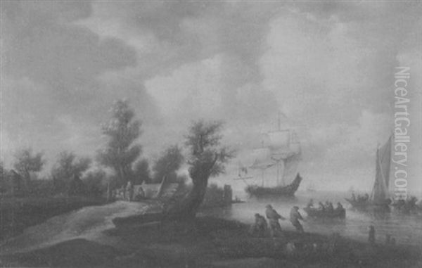 Kustenlandschaft Mit Fischern, Die Ihre Netze An Land Ziehen Oil Painting by Pieter Nolpe