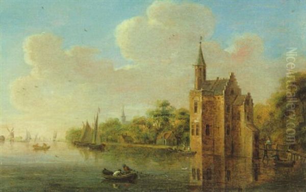 Fluslandschaft Mit Einem Schlos Und Booten Oil Painting by Pieter Nolpe