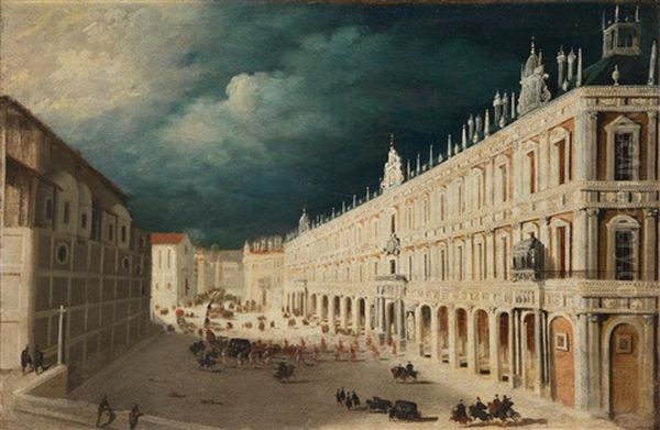 A Capriccio View Of An Italian Piazza With A Royal Procession Oil Painting by Francois de Nome