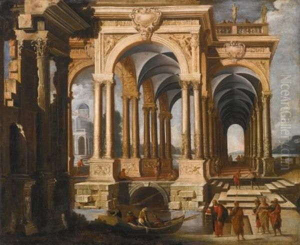 An Architectural Capriccio With Christ And Disciples Oil Painting by Francois de Nome